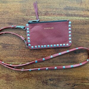 BANDOLIER Pebble Leather Pyramid Stud Zip Pouch – Cranberry Red/Silver & Strap